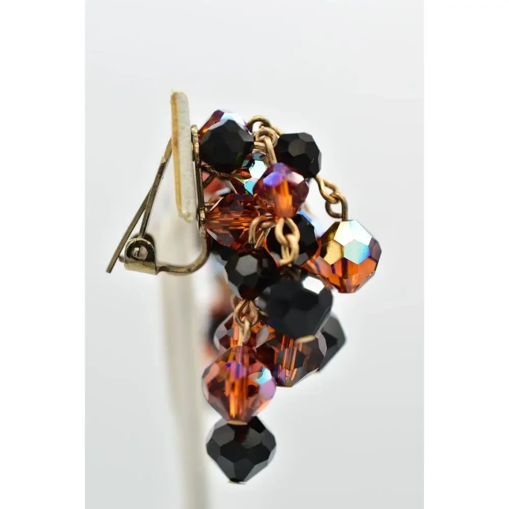 Laguna Vintage Clip On Crystal Earrings Chandelier Black Orange Signed 1950s A24
